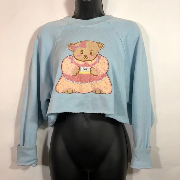 Cropped Sweatshirt Teddy Bear Applique Embroidery Light Blue Retro Vintage - Picture 4 of 10